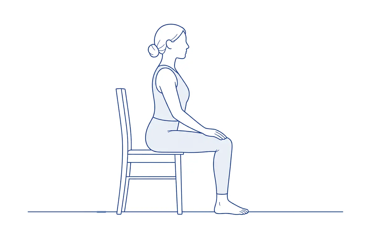 Lijntekening van een vrouw die rechtop op het voorste deel van een stoel zit, voeten plat op de grond en handen op haar dijen