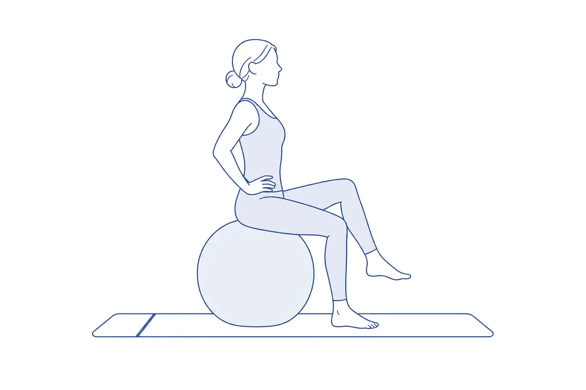 Lijntekening van een vrouw die rechtop op een grote gymbal zit met haar handen op haar heupen, één voet op de grond en de andere voet opgetild