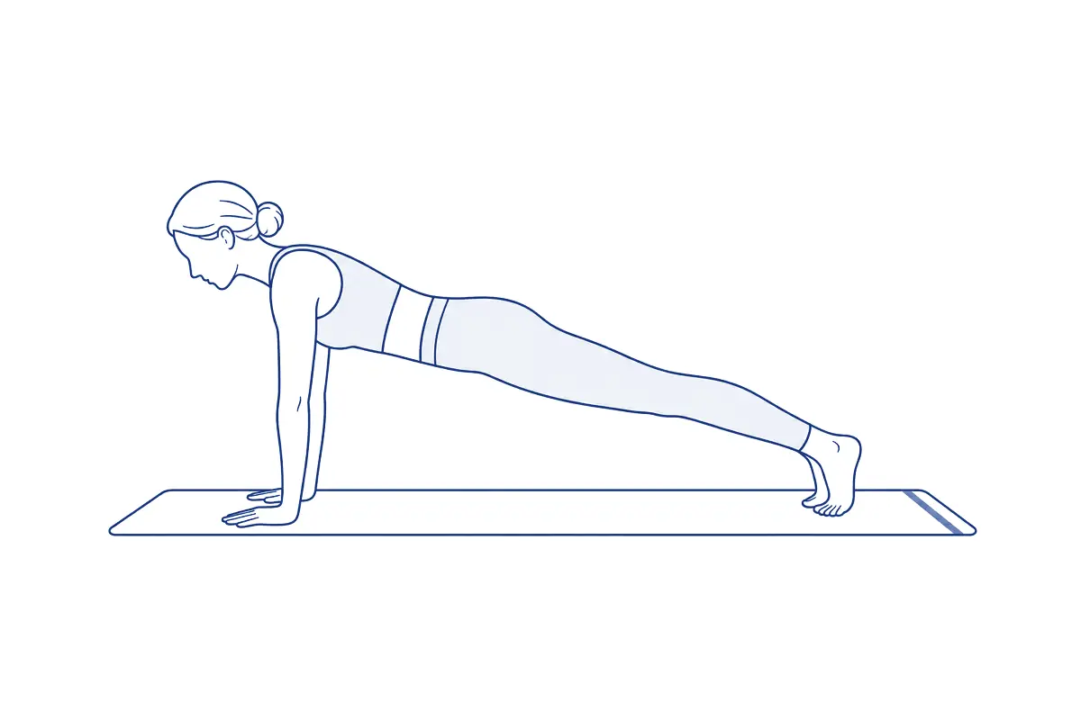 Lijntekening van een vrouw in de plank op een mat, met gestrekte armen onder de schouders en het lichaam in één rechte lijn van hoofd tot hielen
