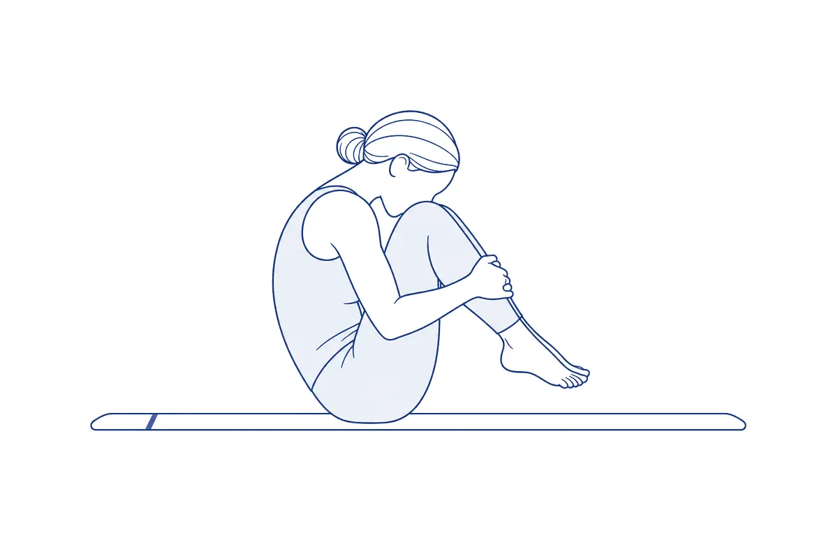 Lijntekening van een vrouw die op een mat balanceert op haar zitbeenderen, knieën tegen de borst, handen om haar schenen en voeten net los van de mat
