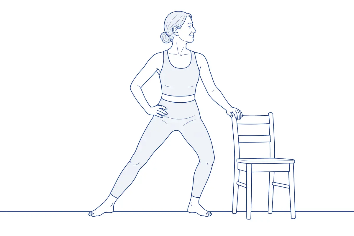 Lijntekening van een oudere vrouw die met licht gebogen knieën naast een stoel staat, één hand op de stoelleuning, en haar gewicht naar één been verplaatst terwijl het andere been opzij gestrekt is