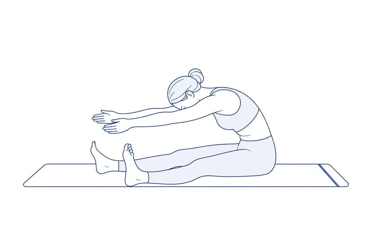 Lijntekening van een vrouw die met gestrekte benen op een mat zit, haar bovenrug rond naar voren buigt met het hoofd omlaag en haar armen gestrekt naar voren houdt