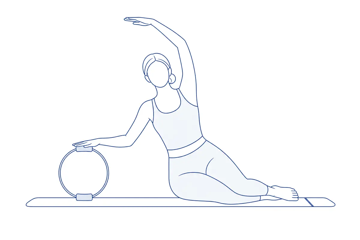 Lijntekening van een vrouw die zijwaarts op een mat zit met haar benen naar één kant gevouwen, één hand op een rechtopstaande pilatesring en de andere arm in een boog over haar hoofd