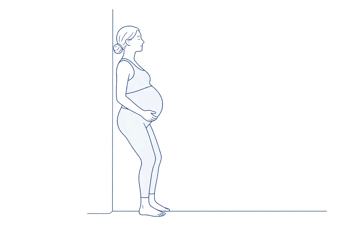 Lijntekening van een zwangere vrouw die met licht gebogen knieën met haar rug tegen een muur staat